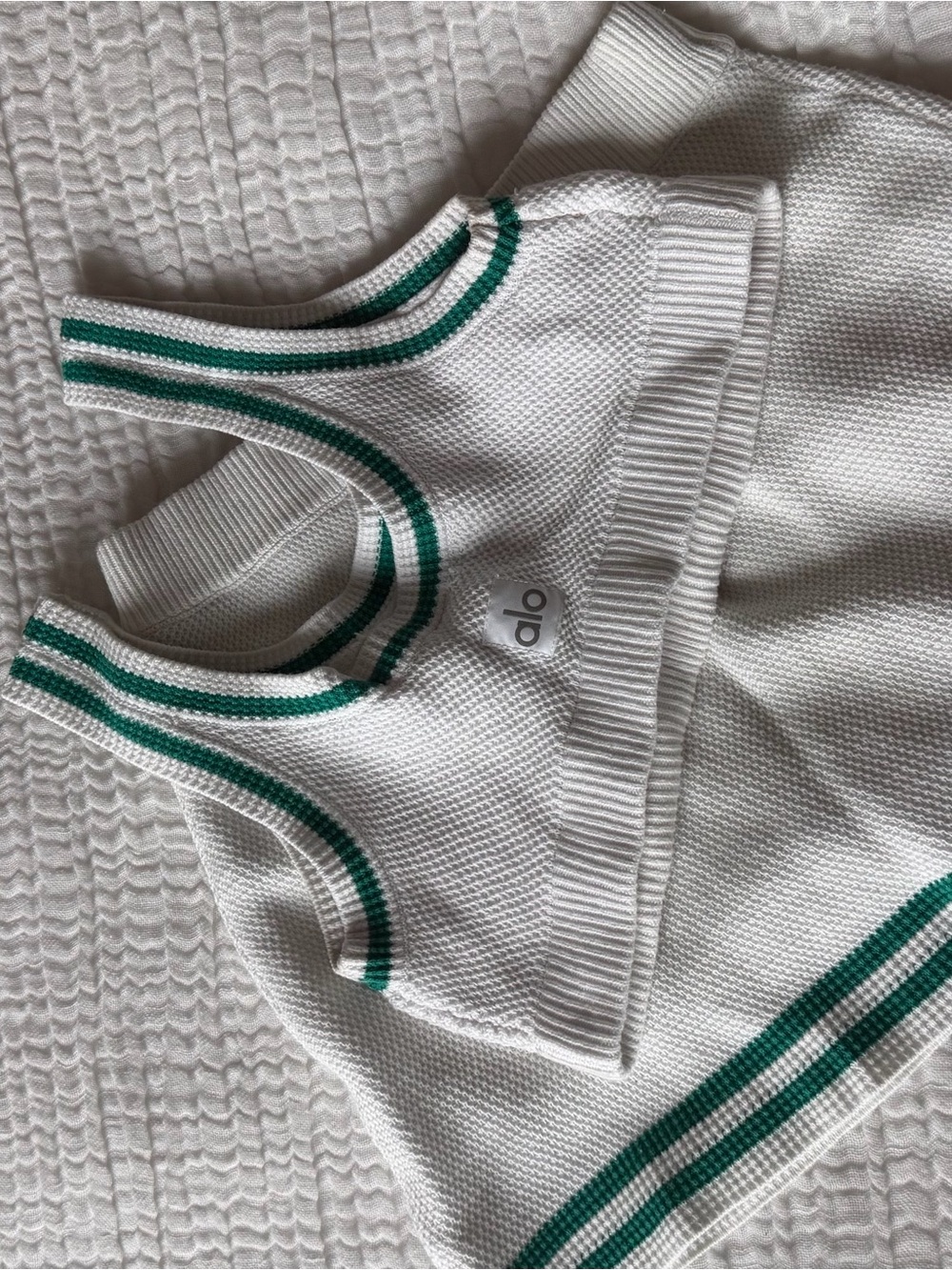 ALO Yoga Tennis Club Sweater Knit Bra & Skirt Set White Spruce Green Size S